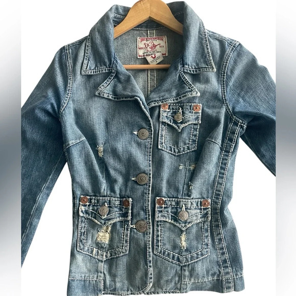 True Religion Distressed Moto Blue Denim Women's Jacket Size Small - Picture 3 of 8